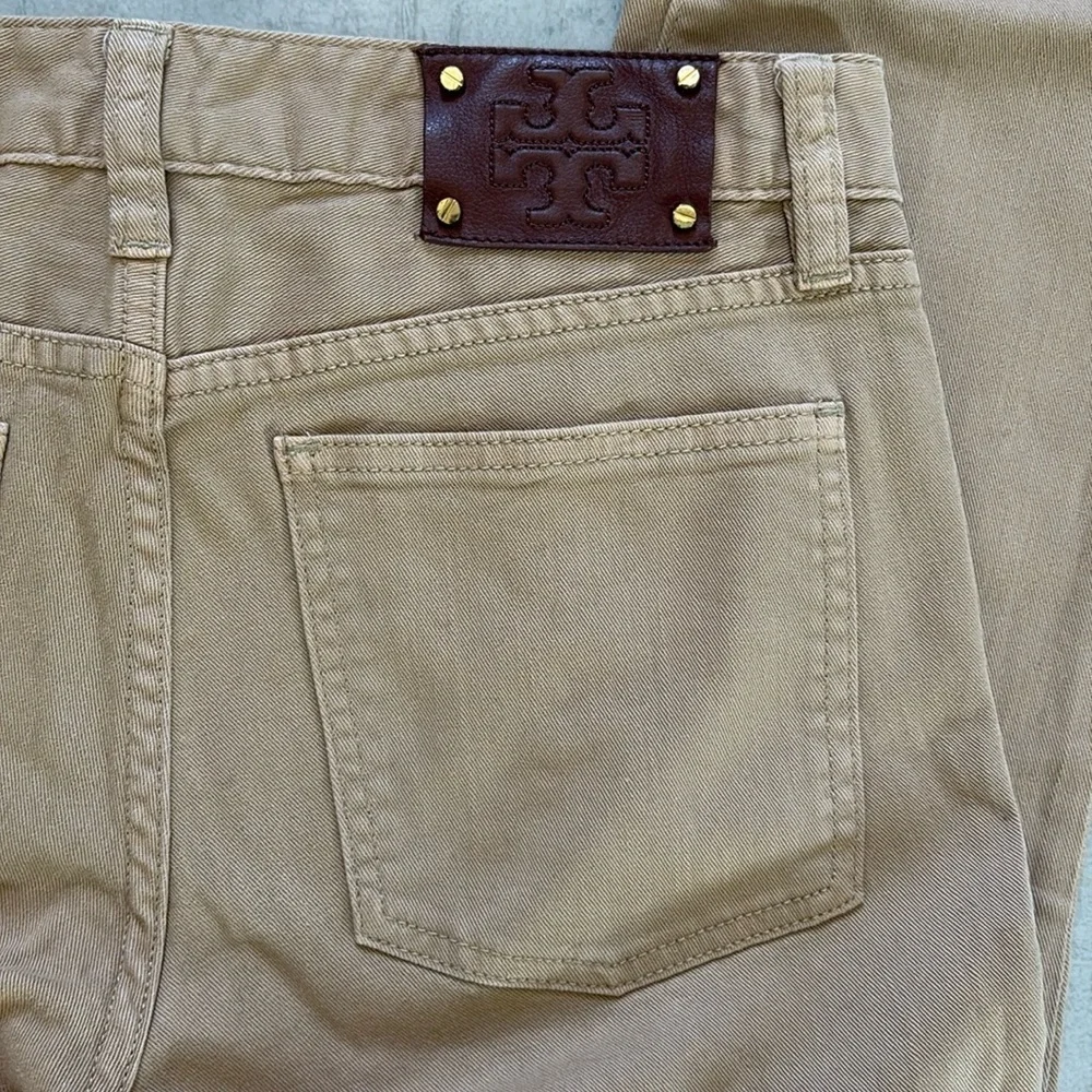 Tory Burch  jeans khakis   Tan/gold tone Designer engraved button and rivets EUC